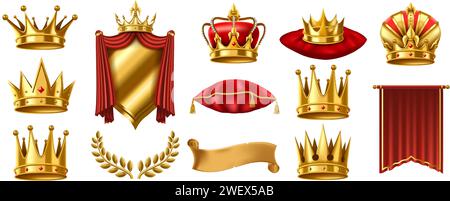 Realistische königliche 3D-Elemente. Goldene Krone auf rotem Kissen, gekröntes Schild und goldener Lorbeerkranz Vektor-Illustration Set Stock Vektor