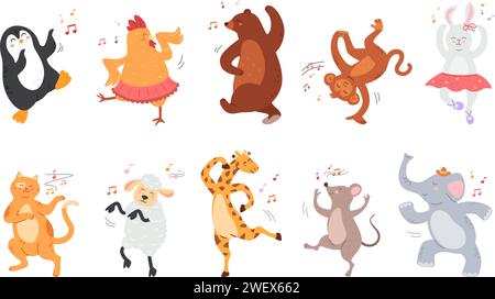Zeichentricktanzende Tiere. Zoo Charaktere in Geburtstagsparty Tanzpositionen, glückliches Tier Maskottchen Groove isolierte Vektor Illustration Set Stock Vektor