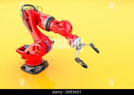 Roboterarm auf gelbem Hintergrund, 3D-Rendering Stockfoto