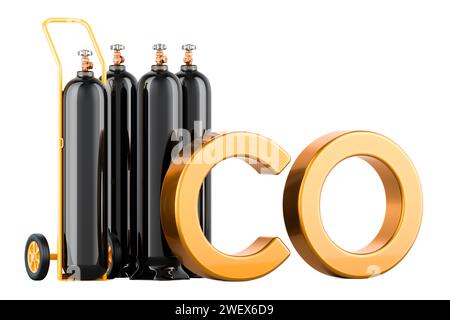 Satz von Kohlenmonoxid-CO-Gasflaschen mit Handwagen, 3D-Rendering isoliert auf weißem Hintergrund Stockfoto