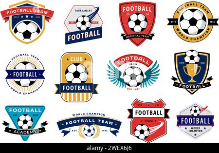 Fußballclub-Abzeichen-Kollektion. Fußball-Team-Embleme mit Fußball-Bälle, Sport-Spiel-Turnier-Etiketten Vektor-Set Stock Vektor