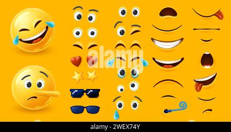 Emoji-Charakterkit. Kundenspezifischer Emoticon-Konstruktor mit verschiedenen Augen- und Mundformen-Elementkombinationen für ein einzigartiges Design des Gesichtsausdrucks Stock Vektor