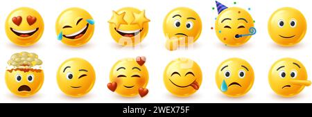 Lustige 3D-Emoji-Gesichter. Gelbes Emoticon mit Liebesherzen und Sternauge, fröhlichem Lachen und lächelndem Gesicht. Gehirngeblasene Kopfexplosion, Zwinkern, leckere Zunge Stock Vektor