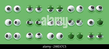 Lustige 3D-Cartoon-Augen. Einfache Augäpfel mit Augenlidern, glänzendem Auge und lustigem Look. Doodle Gesichtsausdruck Vektor Elemente Set Stock Vektor