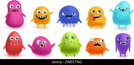 Funny monsters. Blob shape creatures with silly 3D faces, color jelly monsters vector illustration set Stock Vektor