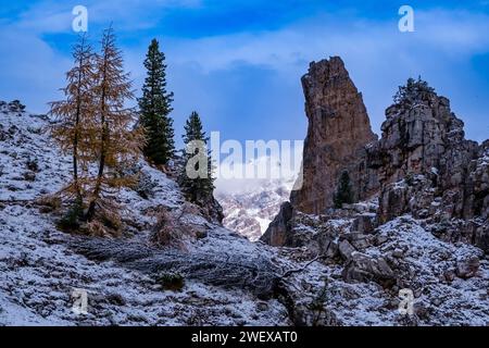 Torre Inglese, einer der Gipfel der Felsformation Cinque Torri im Winter. Cortina d Ampezzo Veneto Italien FB 2023 3483 Stockfoto