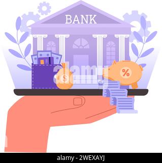 Online-Banking. Digitales Finanzmanagement-Konzept mit Bankgebäude, Geldbörse und Sparkasse auf Vektorillustration für mobile Apps Stock Vektor