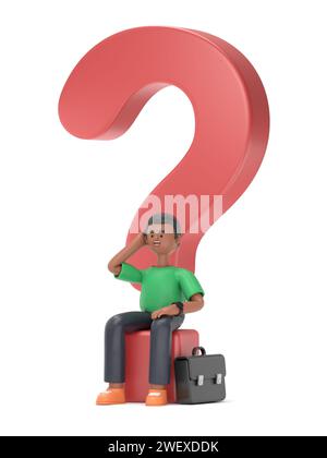 3D-Illustration eines verwunderten und nachdenklichen Geschäftsmannes. 3D-Illustration Unsicherheit Konzept, Denken, Fragen, Flat Cartoon Stockfoto