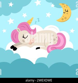 Vektorquadratischer Hintergrund mit Einhorn schlafend auf Wolke unter Wolken, Sterne. Magie- oder Fantasy-Welt-Szene. Märchenlandschaft für Karte, Post, Buch. C Stock Vektor