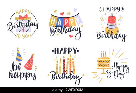 Grußbuchstaben, Kuchen, Ballons und Kerze Geburtstagskarten Dekoration Stock Vektor