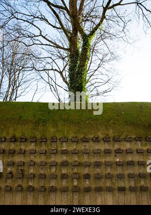 Frankfurt, Deutschland. Januar 2024. Dieses Foto vom 27. Januar 2024 zeigt die Mauer eines alten jüdischen Friedhofs in der Battonnstraße in Frankfurt. Im Jahr 2005 verabschiedete die UN-Generalversammlung eine Resolution, die den 27. Januar zum Internationalen Tag des Gedenkens an die Opfer des Holocaust erklärte, dem Tag, an dem das Vernichtungslager Auschwitz 1945 befreit wurde. Die Mauern der alten jüdischen Friedhöfe enthalten kleine Stahlblöcke, die die Namen der zwischen 1933 und 1945 deportierten und ermordeten Frankfurter Juden dokumentieren. Quelle: Zhang Fan/Xinhua/Alamy Live News Stockfoto