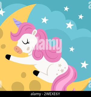 Vektor-quadratischer Hintergrund mit Einhorn schlafend auf Halbmond unter Wolken, Sterne. Magie- oder Fantasy-Welt-Szene. Märchenlandschaft für Karte, Post, Buh Stock Vektor