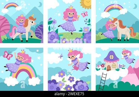 Vektor-Feen-Szenen gesetzt. Kollektion mit quadratischen Hintergründen und kleiner Prinzessin. Illustrationen aus Magie oder Fantasy-Welt mit Mädchen, Einhorn, Regenbogen, Cottage Stock Vektor