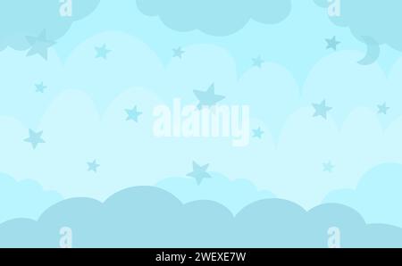 Vektorblauer abstrakter Hintergrund mit Wolken und Sternen. Magie- oder Fantasy-Szene mit Platz für Text. Niedliche märchenhafte horizontale Naturlandschaft für Stock Vektor