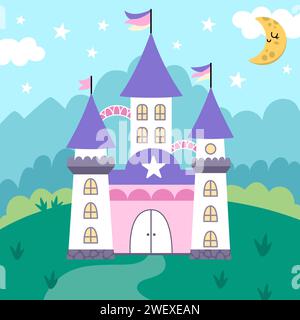 Vektorquadratischer Hintergrund mit Einhornschloss, Feld, Wolken, Sternen. Fantasy-Welt-Szene mit Palast, lila Dächern, Türmen. Märchenhafte Landschaft für Auto Stock Vektor