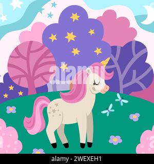 Vektorquadratischer Hintergrund mit Einhorn, Feld, Zauberwald, Wolken, Sternen. Fantasy-Welt-Szene mit lila Bäumen. Märchenlandschaft für Karte, Post, Stock Vektor