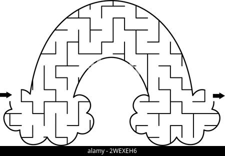 Geometrisches Labyrinth für Kinder in Regenbogenform. Zum Ausdrucken im Vorschulalter mit Märchen- oder Einhornmotiv. Einfaches Zauberspiel oder Fantasy-Labyrinth-Puzzle Stock Vektor