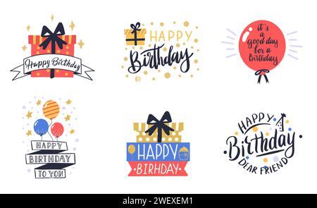 Happy Birthday-Logo. Grußbuchstaben, Kuchen, Ballons und Kerze Geburtstag Grußkarte Dekoration Design Vektor Illustration Icons Set Stock Vektor