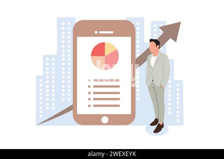 Vektorillustration eines Geschäftsmannes mit Mobiltelefon und Diagramm im Hintergrund. Stock Vektor