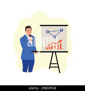 Geschäftsmann präsentiert Diagramm auf Whiteboard. Vektorabbildung mit flachem Stil. Stock Vektor