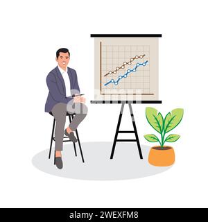 Geschäftsmann sitzt auf einem Stuhl vor einem Whiteboard mit Diagrammen. Vektorabbildung Stock Vektor