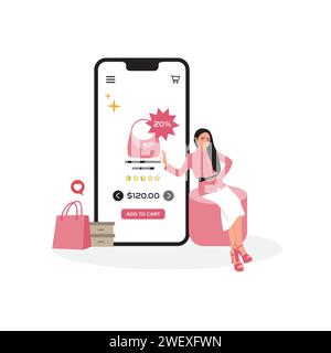 Online-Shopping-Konzept. Frau, die online Kleidung kauft. Vektorabbildung in abgewickelter Form Stock Vektor