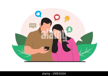 Social-Media-Konzept. Mann und Frau, die das Handy benutzen. Illustration der Vektorabwicklung Stock Vektor