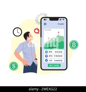 Smartphone mit App für Bitcoin-Mining. Vektorabbildung mit flachem Stil. Stock Vektor