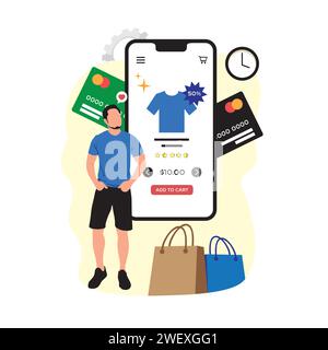 Online-Shopping-Konzept. Vektorillustration in flachem Design. Mann mit Kreditkarte und Handy. Stock Vektor