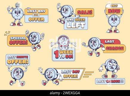 Cartoon Werbebanner für begrenzte Zeit. Last Day Special Offer Stoppuhr Maskottchen, Last Minute, Hour and Week Chance Sale Label mit Uhrenzeichen Stock Vektor