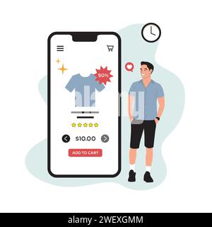 Vektorillustration des Smartphone-Bildschirms mit Mann, der davor steht und T-Shirt hält Stock Vektor