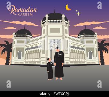 Vektor-Illustration der Ramadan Kareem Grußkarte. Muslimischer Mann und Sohn vor der Moschee bei Sonnenuntergang Stock Vektor