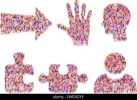 Gesellschaftssymbole. Die Menschen bilden einen Pfeil in Richtung der Gemeinschaft, eine hilfreiche Hand und einen Teamleiter. Person und Puzzlespiel Mitarbeiter Forum Icon Vektor Stock Vektor