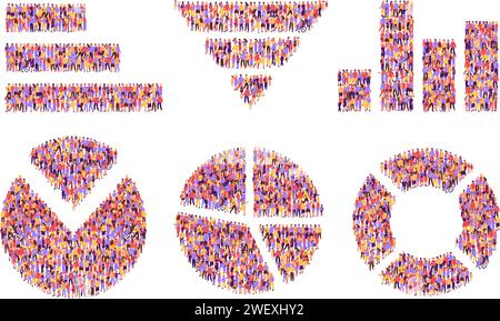 Isometrisches Personendiagramm. Balken- und Liniendiagramme, Tortendiagramme für demografische, Kunden- oder Community-Infografiken Vektorillustrationssatz von gr Stock Vektor