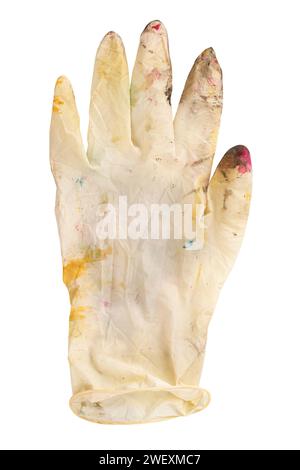 Weiße Gummihandschuhe an Stellen mit Farbe auf weißem Hintergrund. Das Konzept der Kreativität, der Schöpfung. Datei enthält Beschneidungspfad. Stockfoto