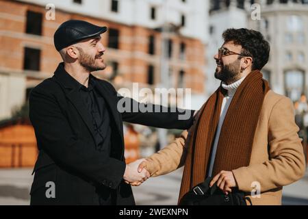Selbstbewusste Geschäftsleute, die draußen in urbaner Umgebung die Hände schütteln. Stockfoto