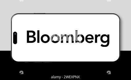 Istanbul, Türkei - 25. Januar 2024: Bloomberg Markenlogo auf dem Smartphone-Bildschirm mit Bloomberg-Website im Hintergrund. Bloomberg ist ein globales finanzielles Unternehmen Stockfoto