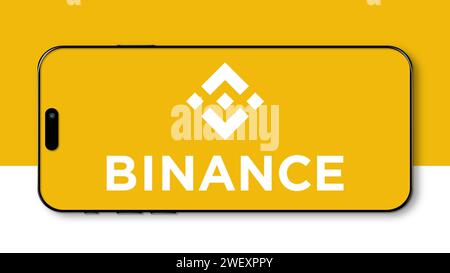 Istanbul, Türkei – 25. Januar 2024: Logo der Marke Binance auf dem Smartphone-Bildschirm. Binance ist eine globale Plattform für den Austausch von Kryptowährungen. Illustrationseditor Stockfoto