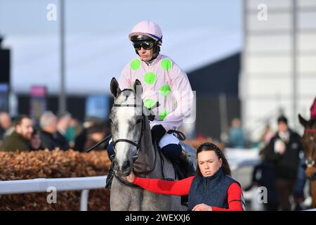 Cheltenham, Großbritannien. Januar 2024. Cheltenham Racecource, Großbritannien. Lossiemouth, geritten von Paul Townend, bereitet sich auf den Posten vor. 15,00 gewann Lossiemouth das Unibet Hürdenrennen in Cheltenham. UK. Foto: Paul Blake/Alamy Sports News Stockfoto