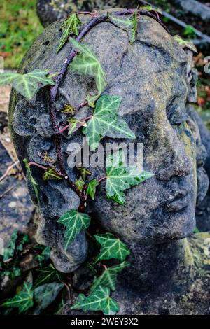 Gruselige alte Sandsteinstatue bedeckt mit Efeu. Ein Efeukranz auf dem Kopf einer Sandsteinskulptur. Winter. Friedhof. Stockfoto