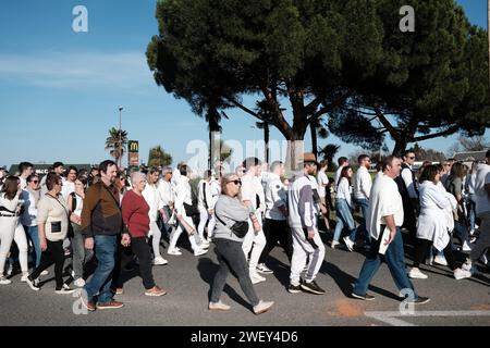 © REMY GABALDA/MAXPPP - PAMIERS 27/01/2024 4000 PERSONNES ONT MARCHE DANS LES RUES DU CENTRE DE PAMIERS EN LA MEMOIRE ALEXANDRA ET CAMILLE MORTES DANS UN ACCIDENT DE VOITURE SUR UN BARRAGE D AGRICULTEURS LA MARCHE BLANCHE EN HOMMAGE À ALEXANDRA ET CAMILLE SONAC, Décédées après avoir été fauchées au petit matin du mardi 13 janvier sur un barrage d'agriculteurs à Pamiers (Lot-et-Garonne), a réuni ce samedi « environ 4 000 personnes », selon la préfecture. Pamiers, Frankreich, am 27. januar 2024 startete die Prozession gegen 13:30 Uhr vor dem Landwirtschaftsgymnasium Pamiers. Zwischen 3.000 und Stockfoto