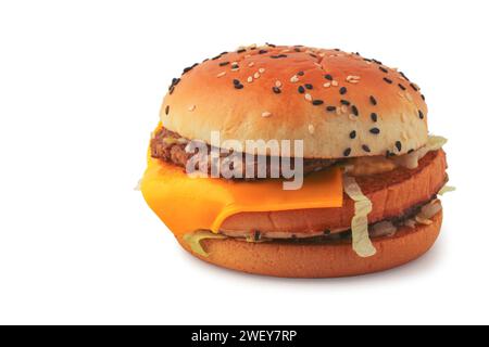 Burger mit Käse, Fleisch und Gemüse Nahaufnahme isoliert auf weißem Hintergrund Stockfoto
