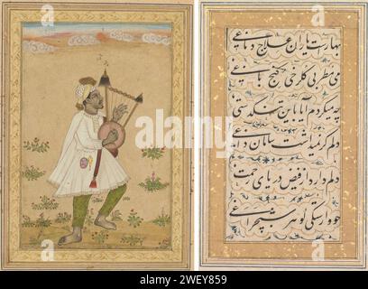 Ein afrikanischer Lyre Player (Recto); Kalligraphie (verso) um 1640–1660, Deccan. Stockfoto