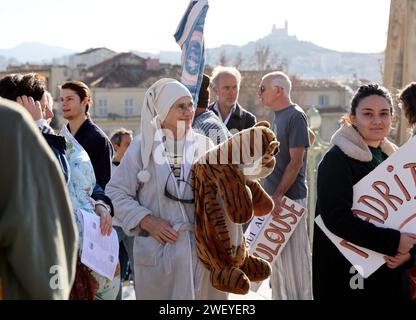 © PHOTOPQR/LA PROVENCE/VALLAURI Nicolas ; Marseille ; 27/01/2024 ; Parvis de la gare Saint Charles à Marseille Manifestation ' Oui au train de nuit ' pour le maintien de nouveaux Trains de nuit ( Trains Liegen ) Vers de nombreuses Destinationen en France et en Europe au départ de Marseille Marseille, Frankreich, 27. januar 2024 Demonstration „Ja zum Nachtzug“ für die Wartung neuer Nachtzüge (Nachtzüge) zu vielen Zielen in Frankreich und Europa von Marseille Credit: MAXPPP/Alamy Live News Stockfoto