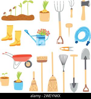 Set handgezeichneter Gartenelemente. Cartoon flache Illustration von Landmaschinen, Landwirtschaftsgegenständen Stock Vektor