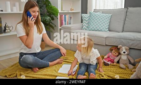 Quatschende Familienzeit, kaukasische Mutter und Tochter sitzen zu Hause auf dem Boden, führten ein warmes Telefongespräch, während sie sorglose Kritzeleien in der zeichneten Stockfoto