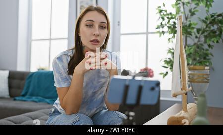 Eine junge brünette Frau nimmt sich zu Hause mit einem Smartphone auf und zeigt eine ungezwungene und moderne Inneneinrichtung. Stockfoto