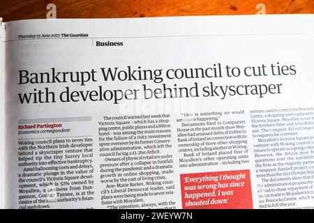 "Bankrupt Woking council to cut Relations with Developer Behind Skyscraper" Guardian-Zeitung Schlagzeilen-artikel 15 Juni 2023 London England UK Stockfoto