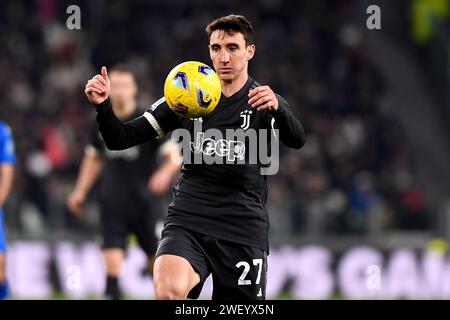 Turin, Italien. Januar 2024. Andrea Cambiaso vom Juventus FC in Aktion während des Fußballspiels der Serie A zwischen Juventus FC und Empoli FC im Juventus Stadion in Turin (Italien) am 27. Januar 2024. Quelle: Insidefoto di andrea staccioli/Alamy Live News Stockfoto