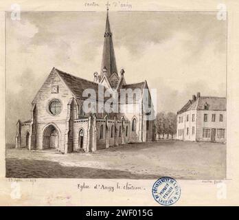 Anizy-le-Château - L'église en 1880 - Dessin d'Amédée Piette (1808-1883). Stockfoto